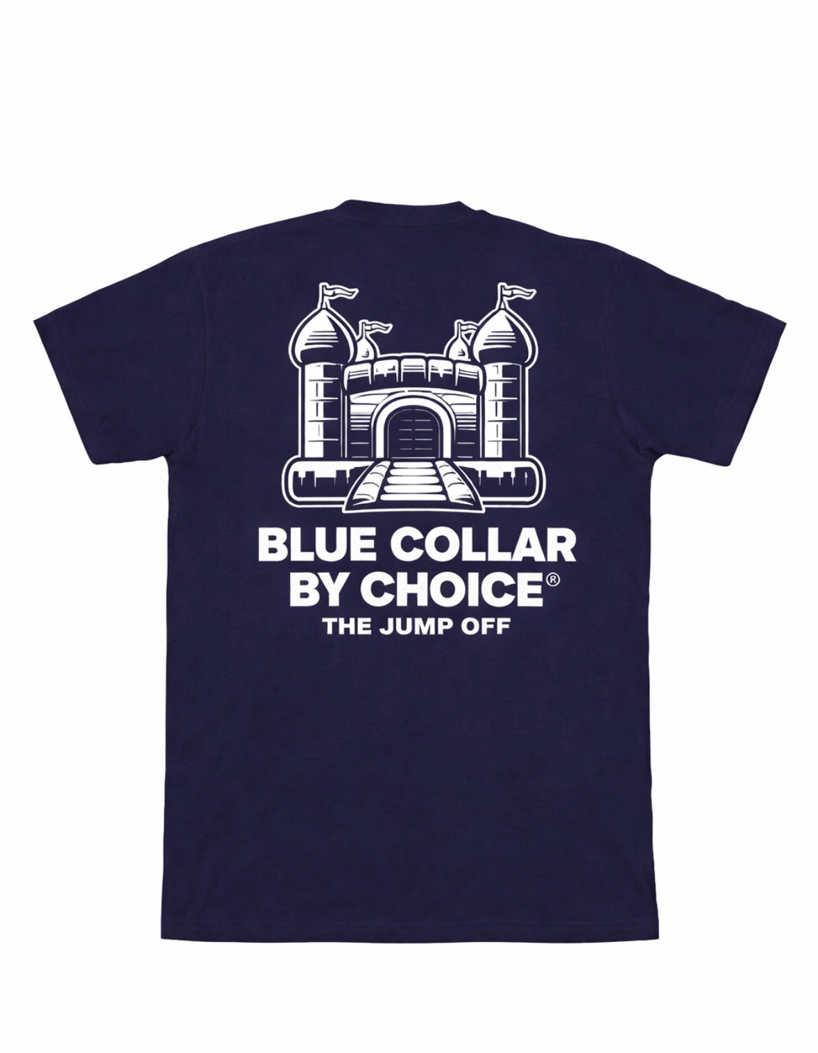 Navy t-shirt, back print: bounce house line art, Blue Collar By Choice, The Jump Off