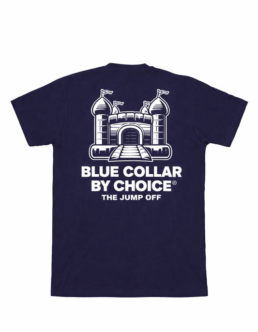 Navy t-shirt, back print: bounce house line art, Blue Collar By Choice, The Jump Off